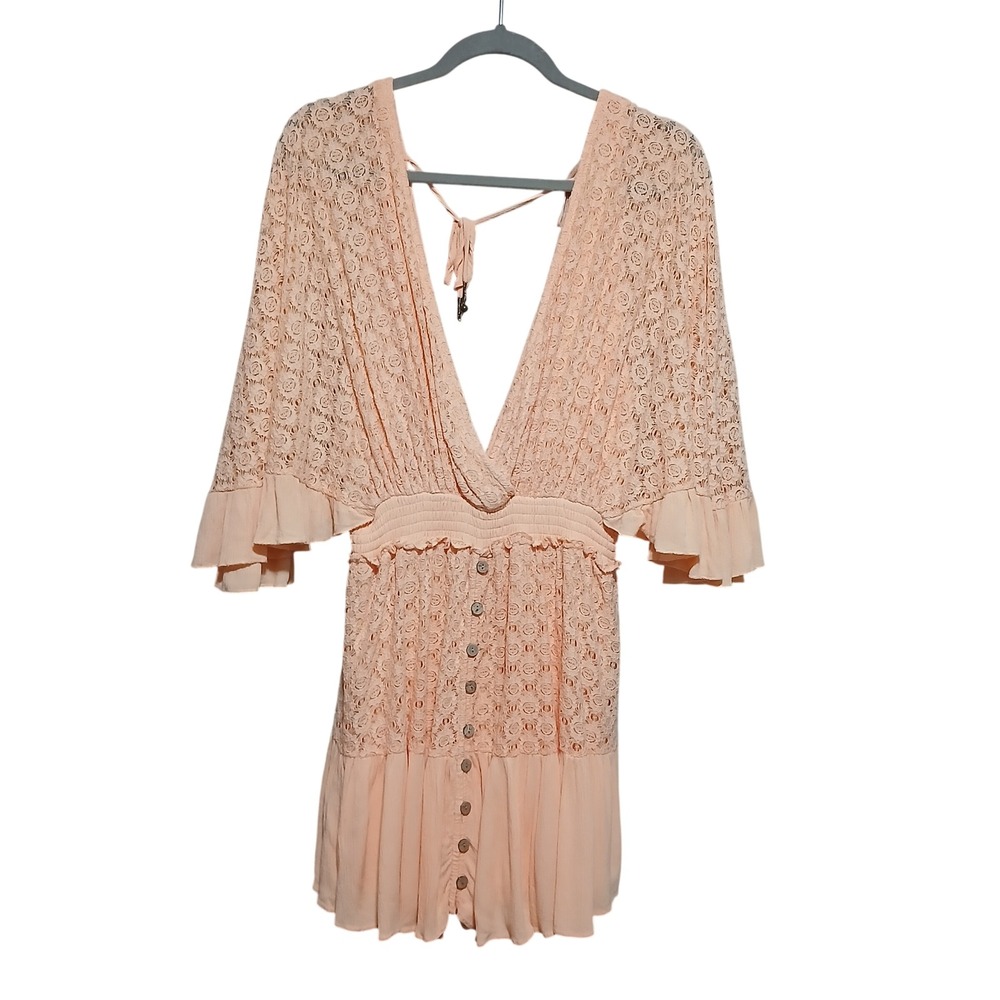 Free People Lace Bell Sleeve Romper Pink Boho V-Neck Open Back Large - Picture 3 of 14